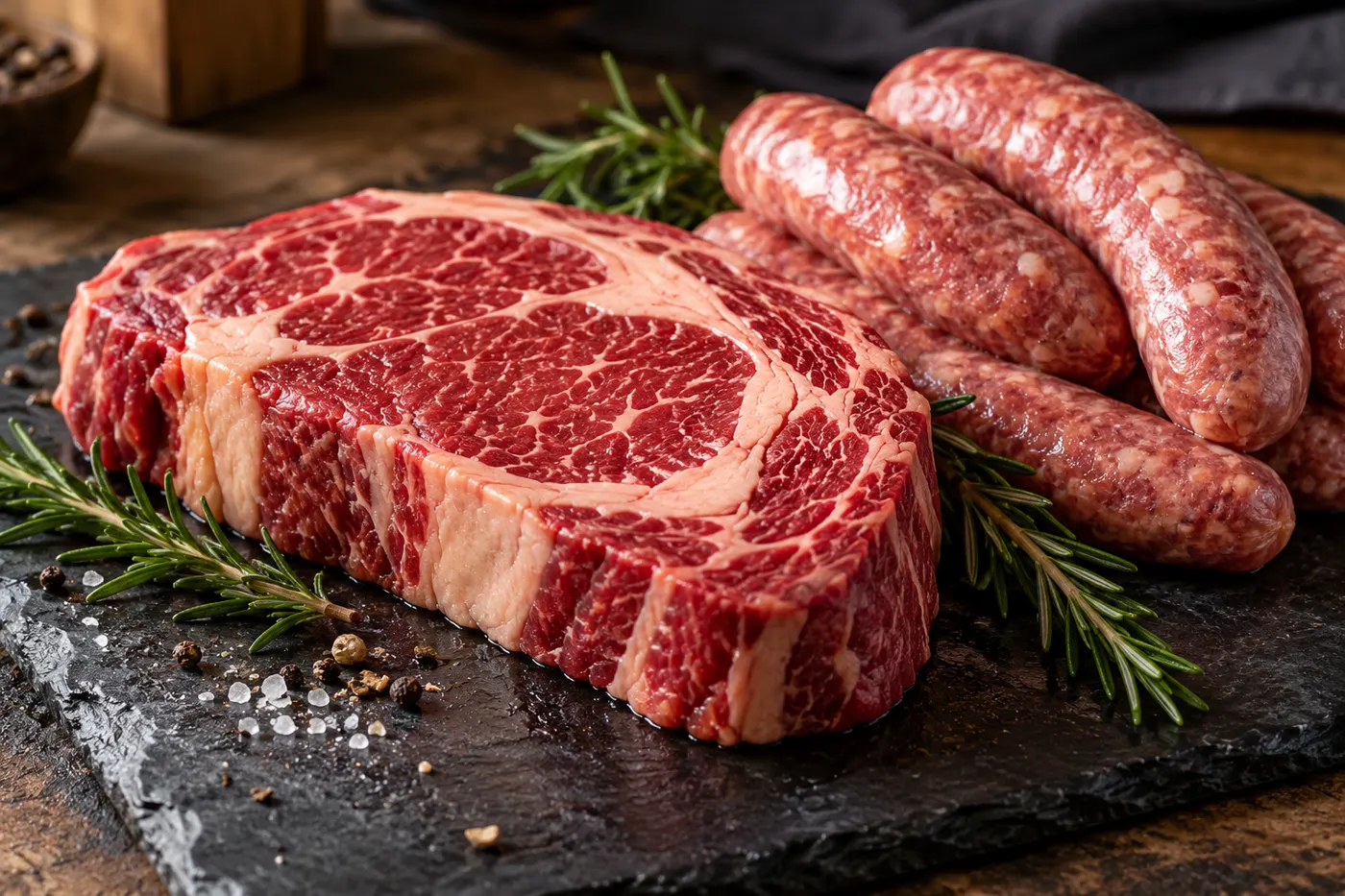 Raw ribeye steak and sausages with rosemary on a dark preparation surface